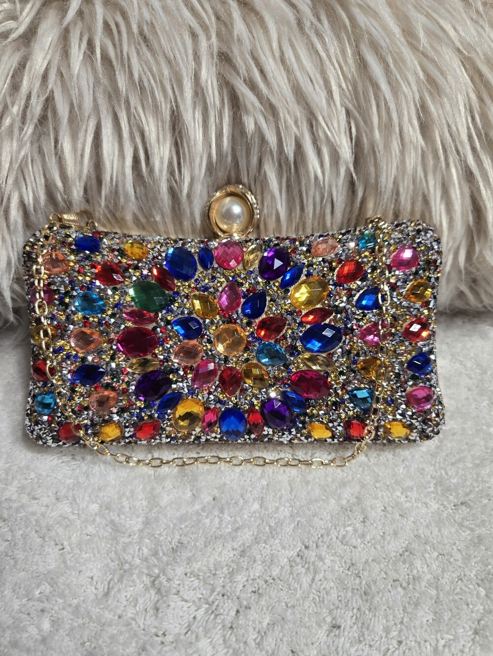 Women's dazzling multicolored crystal and rhinestone evening clutch Hand Chain